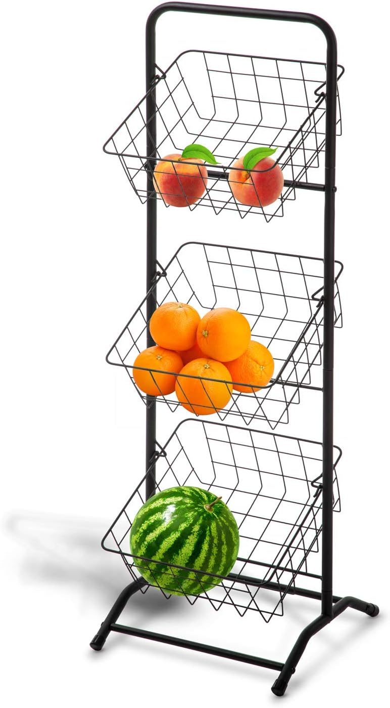 Home Zone Living Fruit Basket Stand for the Kitchen, 3 Tiers of Hanging Baskets for Storage, Floor Standing Black CAD1047U