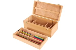 VISWIN 16"x8"x6" Large Art Storage Box, Double-Layered Solid Beech Wooden Tool Box for Art Supplies, Wooden Tool Box for Paint Brush, Pen, Pastel, Paining Supplies