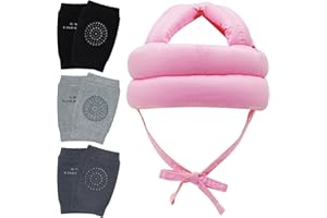 REFLYAWAY Adjustable Infant Baby Safety Helmet & Baby Knee Pads 3 Pairs Toddler Protector Cap Soft Cotton Cushion, A Bump-Free Safety Hood for Your Baby to Learn to Crawl, Walk, and Run with Soft Knee Pads
