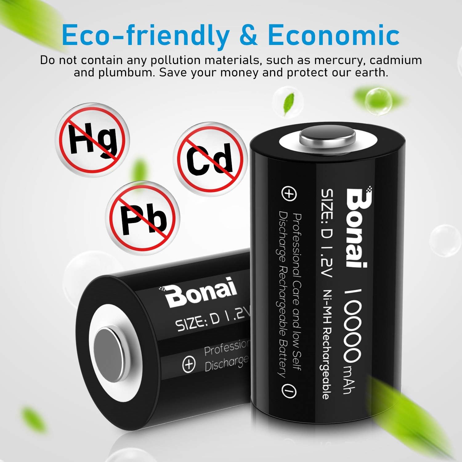 BONAI Rechargeable Batteries D LR20 10000mAh Ni-MH 1.2V Accu, Type D Baby D LR20 Rechargeable Battery 1200 Cycles - Image 5