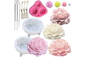 NIMOZEKD 3PCS Rose Peony Flower Silicone Candle Molds 3D Rose Fondant Mold with Large-Eye Wicking Needle,Candlewick Soap Molds Epoxy Resin Casting Candle Molds Chocolate Cake Dessert Decor Art Crafts