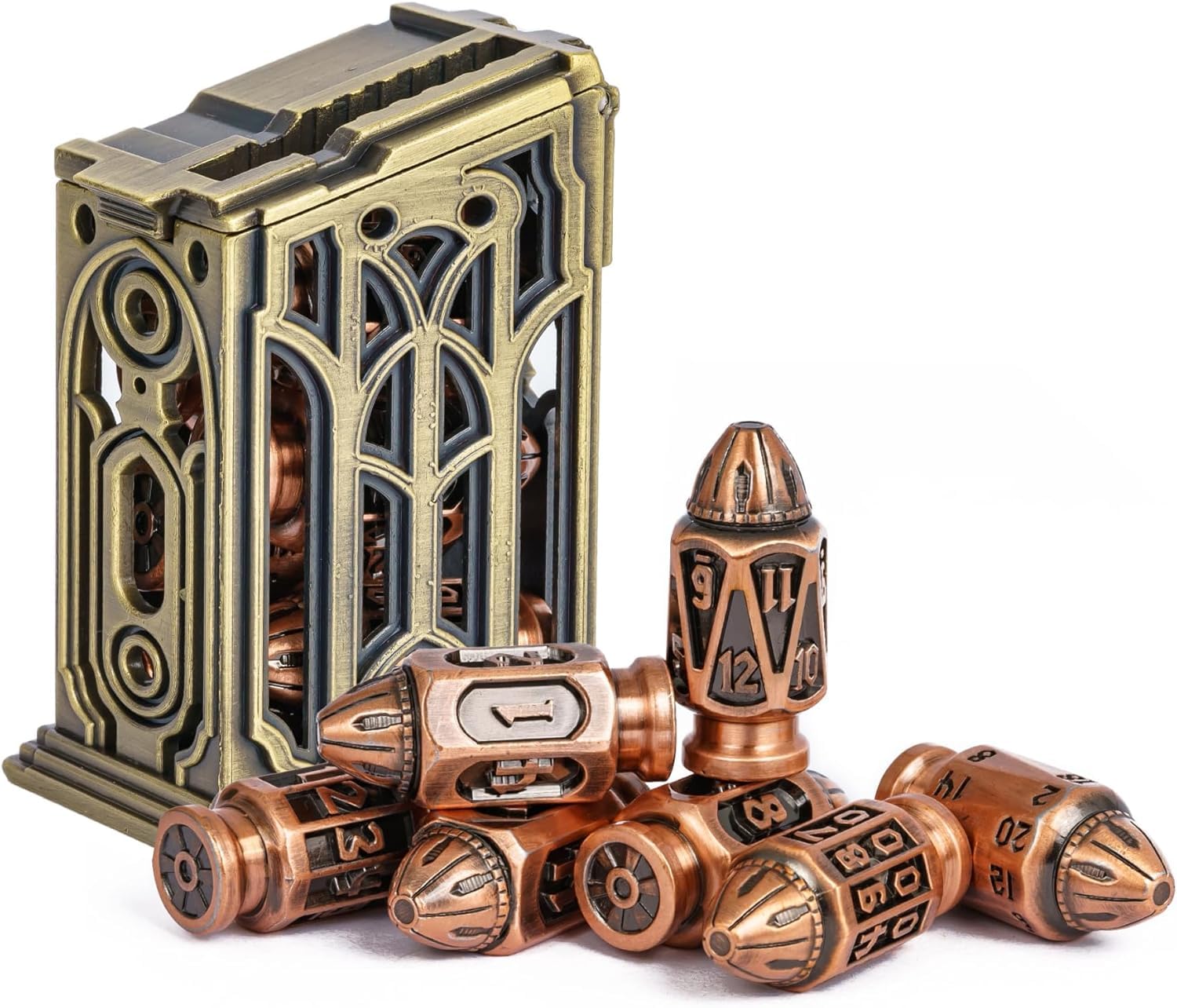 cusdie 7-Die Bullet-Shaped Metal Dice Set DND Dice Set in Metal Clip Case for TTRPG Dungeons and Dragons Role Playing Dice Game(Ancient Copper)