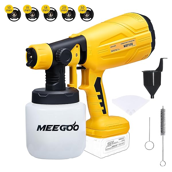 MEE GOO PAINT SPRAYER,ELECTRIC PAINT SPRAY GUN-200W HIGH POWER,5 NOZZLE SIZES,COMPATIBLE WITH DEWALT BATTERIES(NOT INCLUDE BATTERY),ADJUSTABLE FLOW CONTROL-PERFECT FOR WALLS,FENCES,FURNITURE(YELLOW)