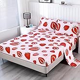 SDIII 4PCS Pink Strawberry Queen Sheets Set, Soft Microfiber Strawberry Bed Sheets Queen Size, Cute Fruit Bedding Sheet for Girls Boys Kids and Teens