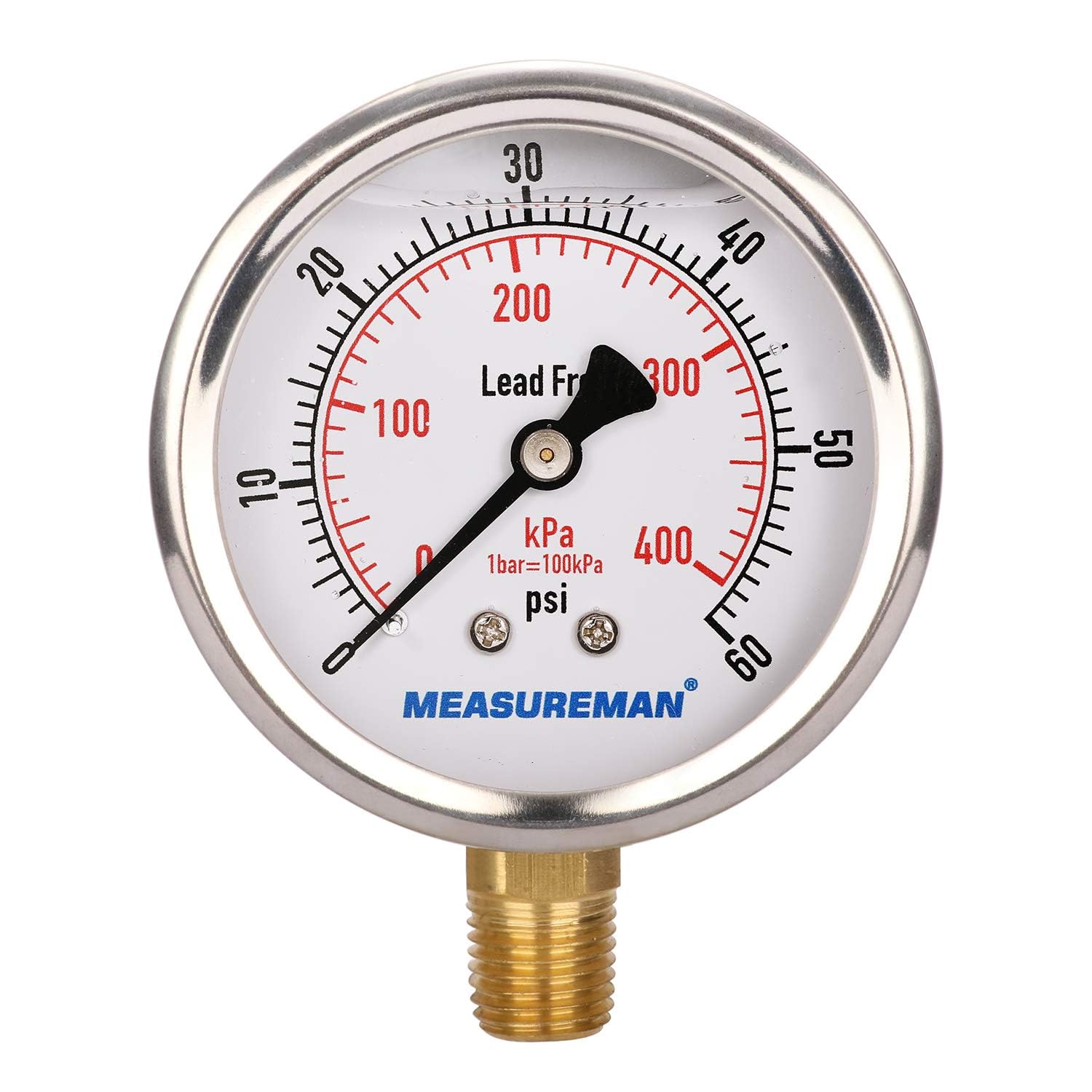 Photo 1 of MEASUREMAN Lead-Free Pressure Gauge, 2-1/2inch Dial, Glycerin Filled, 0-60psi/kpa, Stainless Steel Case, 1/4inchNPT Lower Mount