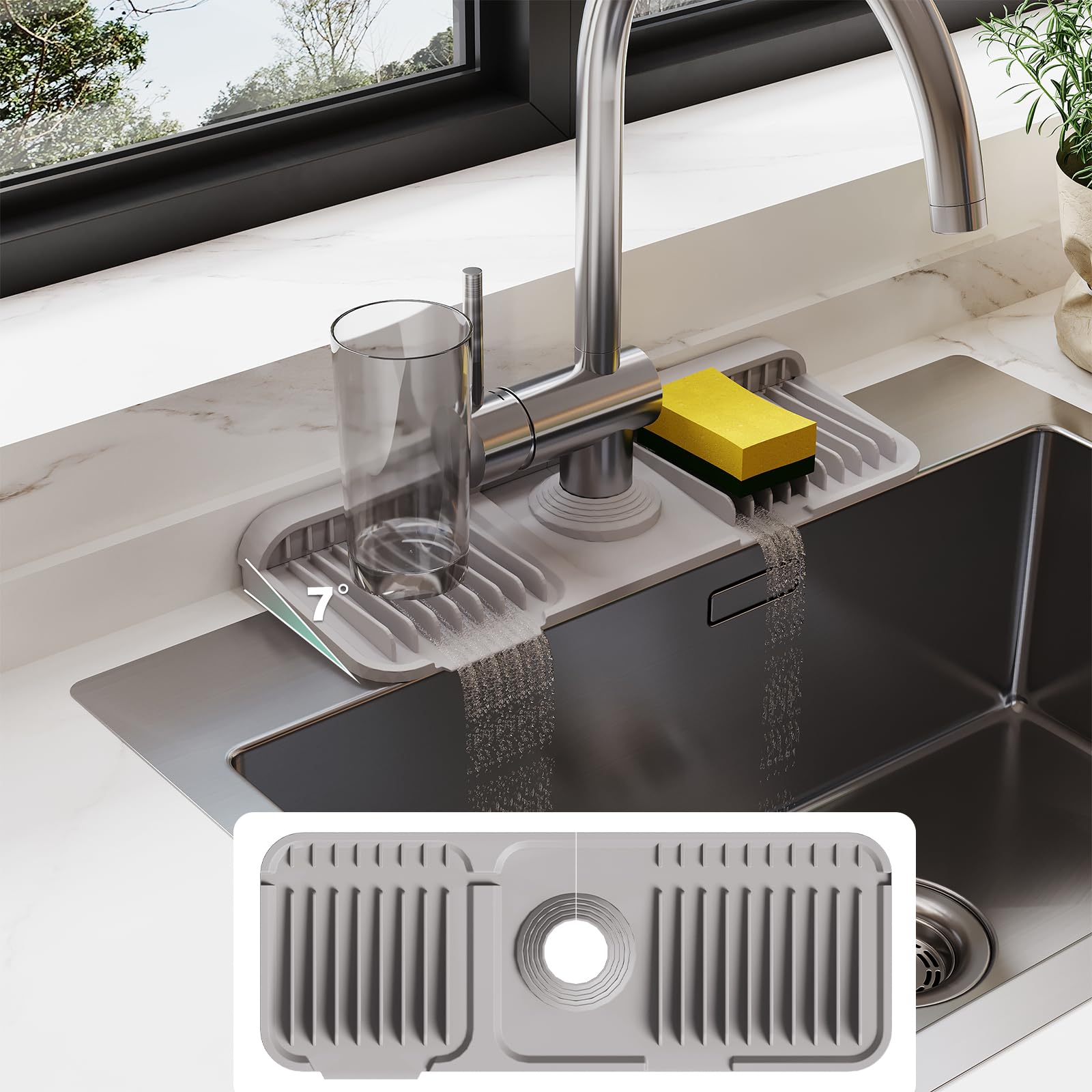Photo 1 of 14.6 Inch Silicone Faucet Mat for Kitchen Sink Splash Guard - 7° Slope Water Draining Mat With Fasten Button for Bathroom Area (Gray, 14.6''x5.5'')