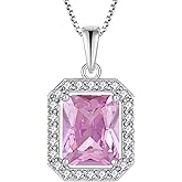 Wisbal Women's Emerald Cut Necklace 925 Sterling Silver Halo Created Birthstone Princess Cut Pendant Jewelry for Her