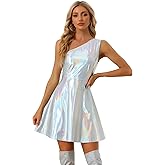 Allegra K Sparkle Dress for Women's Disco Party One Shoulder Sleeveless Holographic Metallic Dresses
