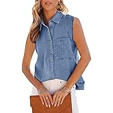 Orchidays Women's Denim Tank Top V Neck Button Down Collared Sleeveless Shirts Casual Blouse Tops