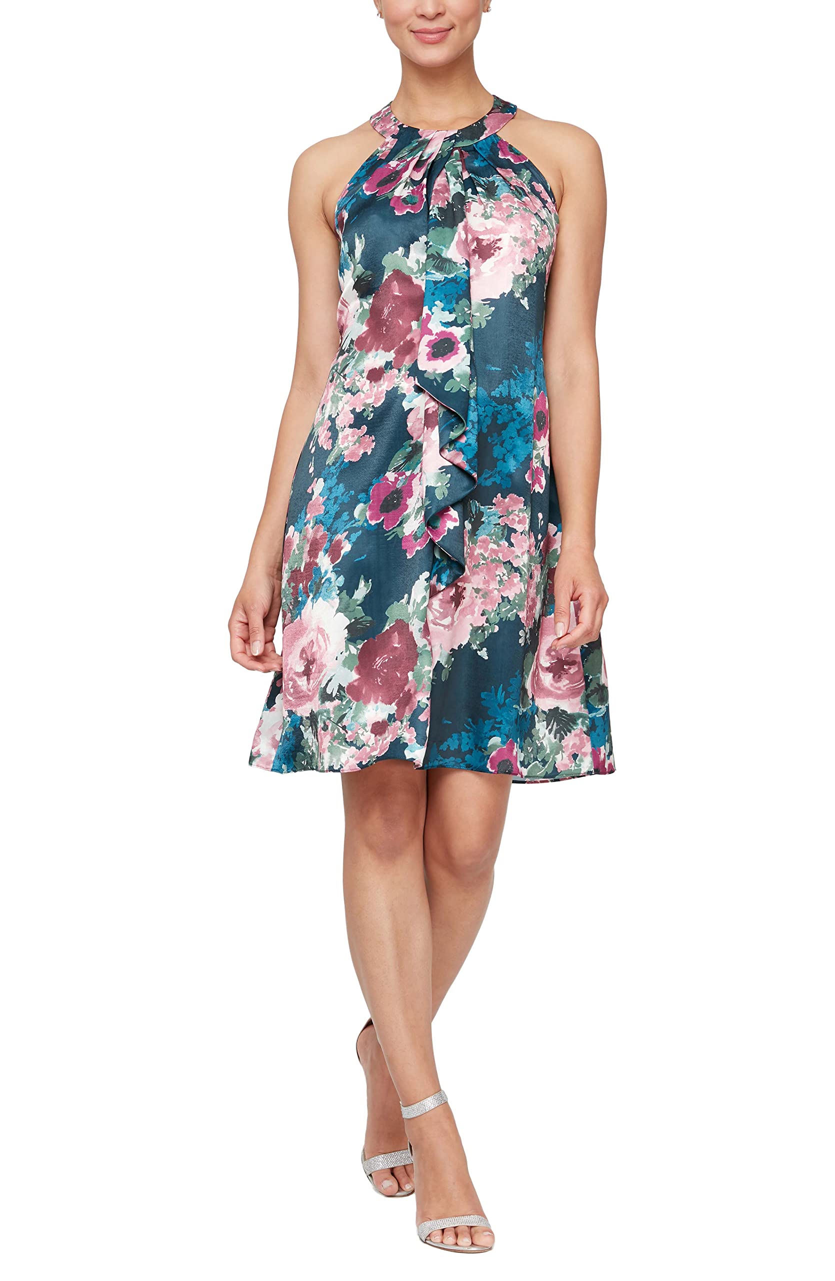 S.L. Fashions Women’s Jewel Halter Neckline Cocktail, Wedding Guest, Perfect Party Dress (Petite and Regular Sizes), Teal Floral, 18