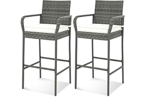 Tangkula Patio Wicker Barstools Set of 2, Outdoor PE Rattan Bar Chairs with Armrests & Soft Cushions, Stable Metal Frame, 400 lbs Max Load, Mix Gray PE Wicker Bar Chairs for Porch