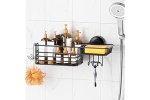 LEVERLOC Shower Caddy Suction Cup, Black Shower Shelf with Hooks and Soap Holder, NO-Drilling Bathroom Organizer, Rustproof M
