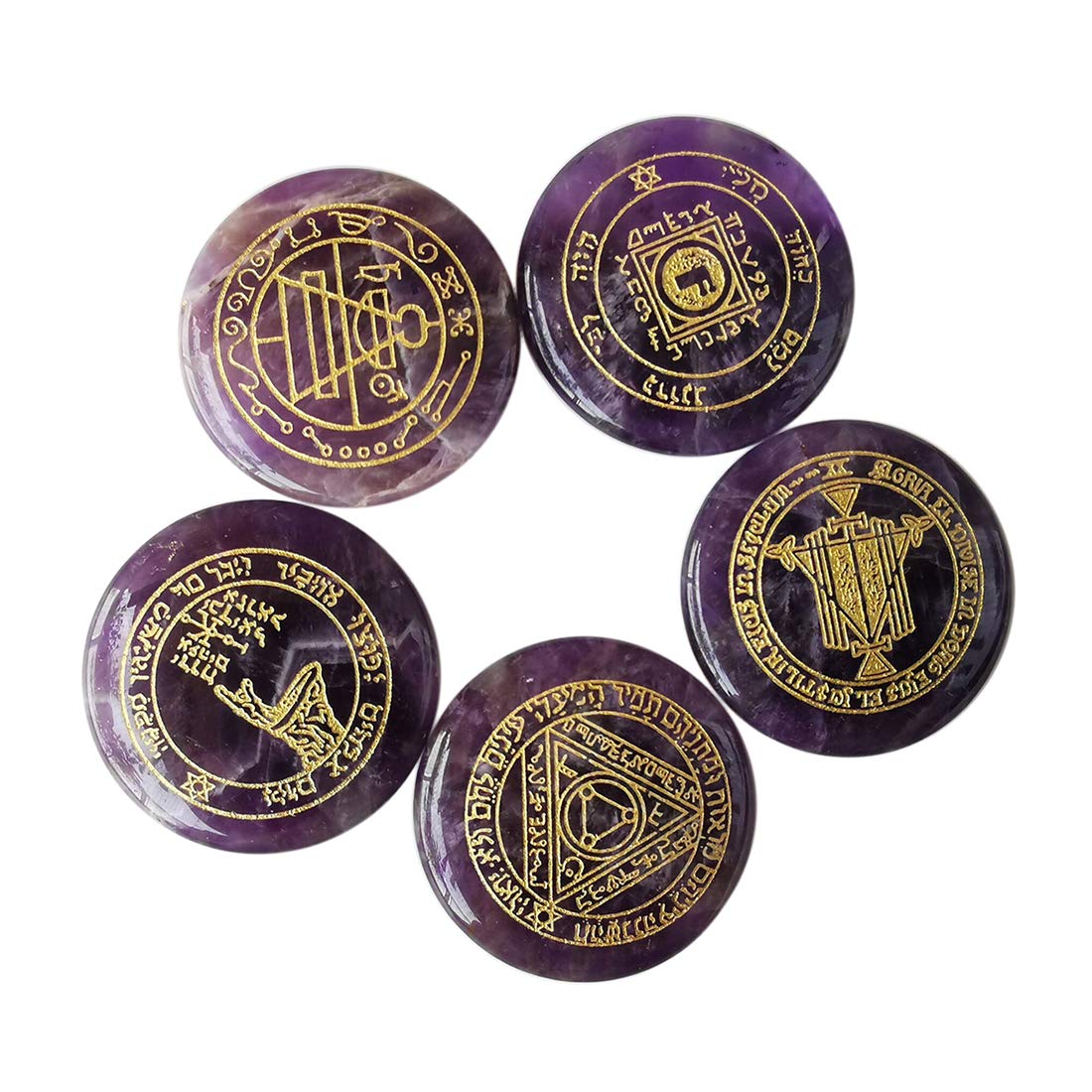 Loveliome Natural Amethyst Solomon Symbol Witches Rune Set, 5 Pcs Engraved Healing Crystal Chakra Stones for Meditation Divination