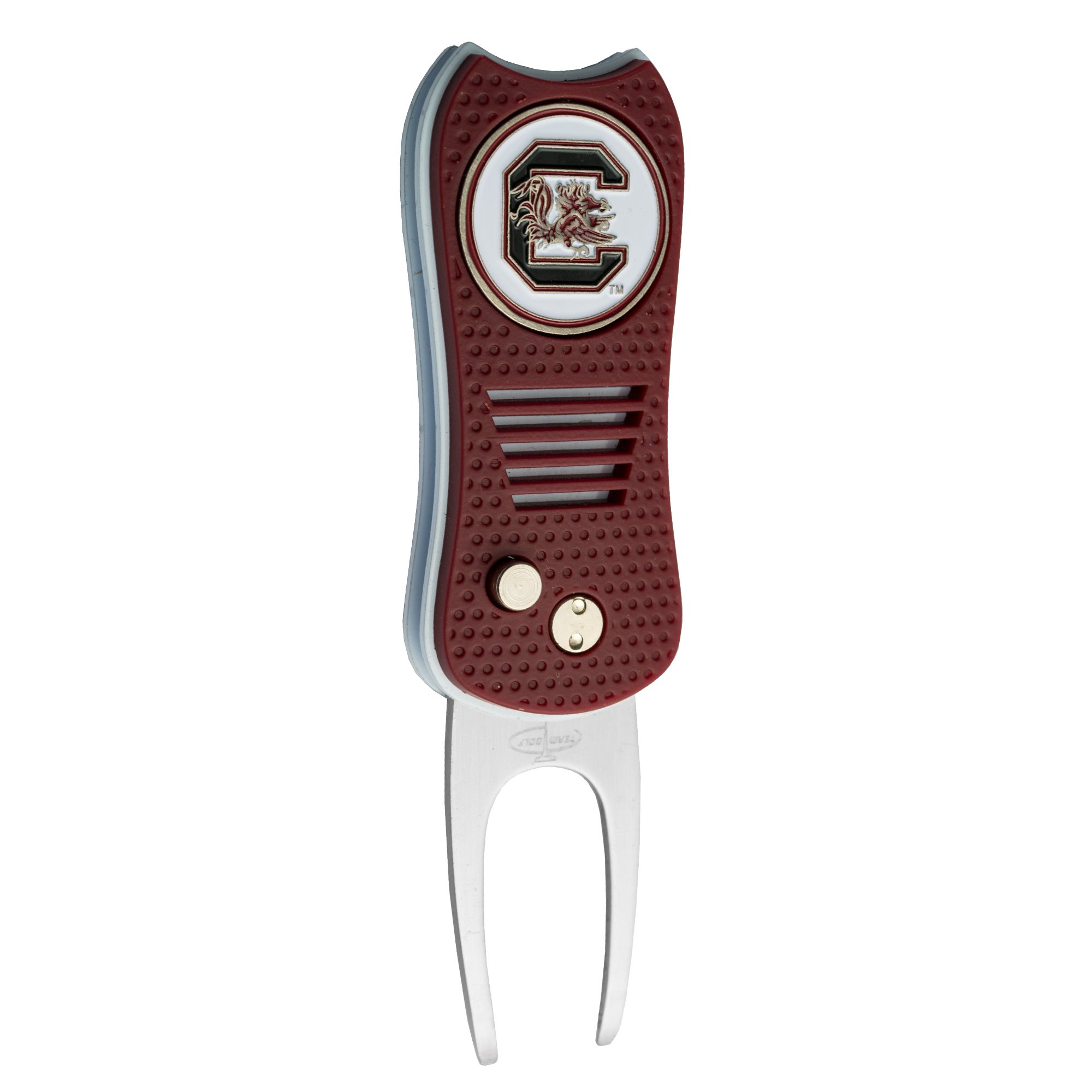 Team Golf NCAA South Carolina Gamecocks Retractable Divot Tool with Double-Sided Magnetic Ball Marker, Features Patented Single Prong Design, Causes Less Damage to Greens