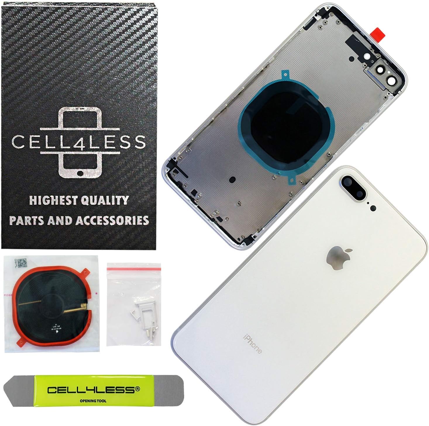 CELL4LESS Back Housing Assembly Metal Frame w/Back Glass - Wireless Charging pad - Sim Card Tray and Camera Frame w/Lens Compatible Only with iPhone 8 Plus (Silver)