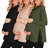 Ekouaer Womens 3 Packs Maternity Shirts Long Sleeve Side Ruched Pregnancy Tee Workout Top Tunic Blouse Mama Clothes