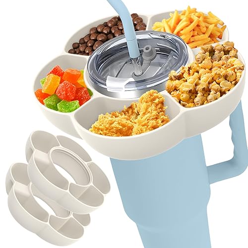 2Pcs Snack Bowl, 40oz Capacity Tumbler Snack Tray with Handle 5 Grids Snack Platters Container Box for Cup Top Ring Candy Tray Nuts Platter for Home Office Travel Camping(Milky)