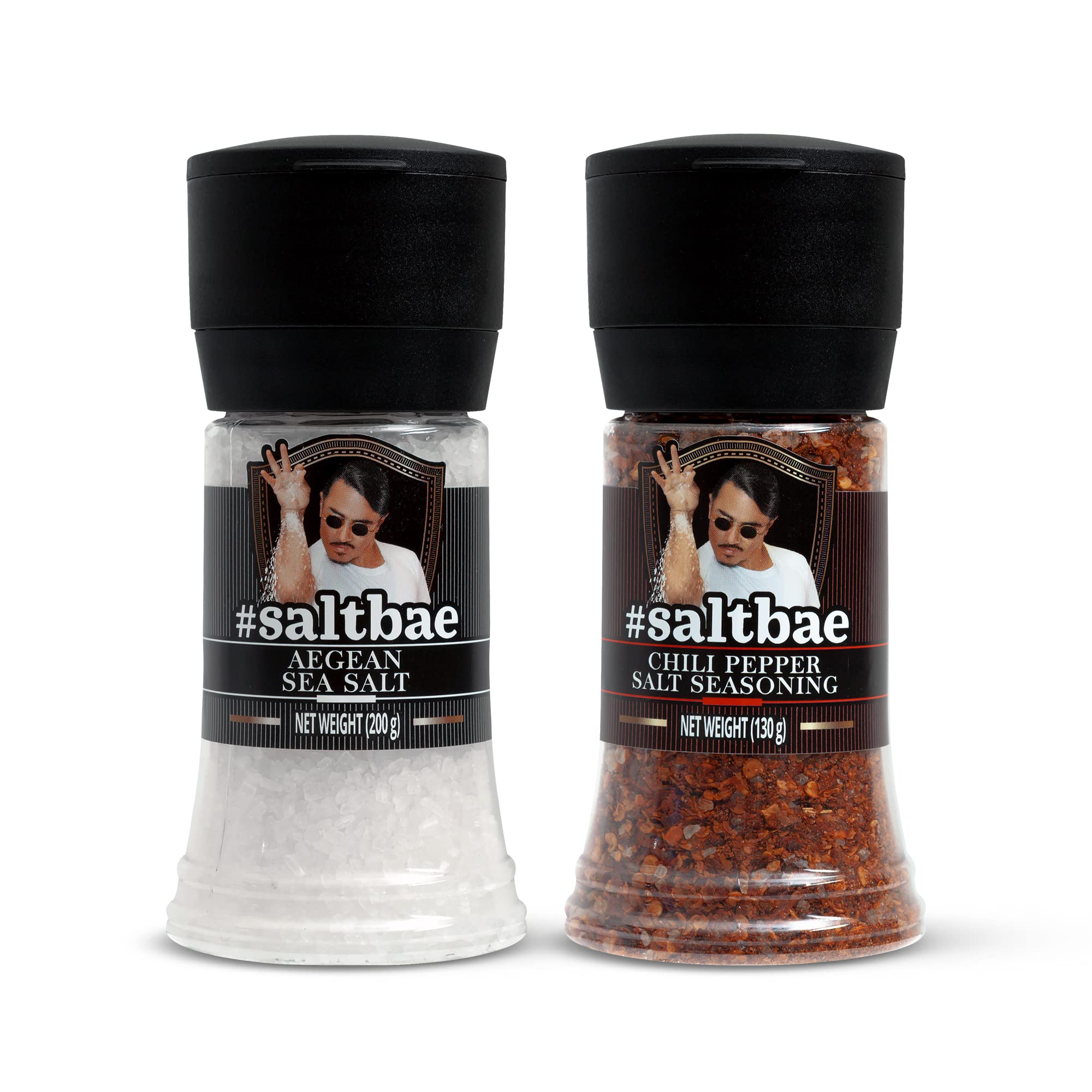 SaltBae Duo Pack Salt Seasonings - 2 pcs high quality salt seasonings for any home cook or grillmaster - ideal as giftset for BBQ parties - Aegean Sea Salt & Chili Pepper Salt