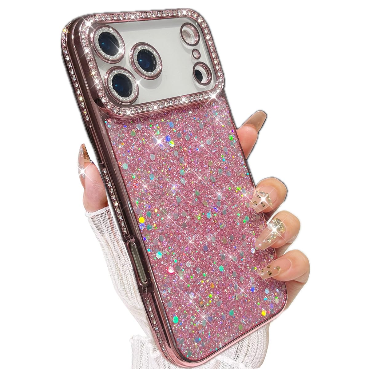AuroiCCY for iPhone 17 Pro Max Case, Shockproof Cute Bling Glitter Sparkle Cover Sequin Diamonds Shiny Camera Lens Protector Girls Women Soft Electroplated Case for iPhone 17 Pro Max 6.9 inch, Pink