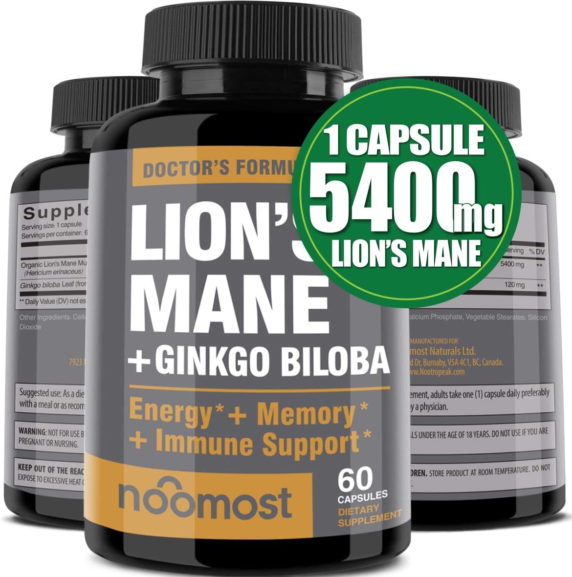 Organic Lions Mane Mushroom Capsules 5400mg, Ginkgo Biloba 120mg - Lion's Mane Ginko Biloba Memory Supplement for Nootropic Brain & Mental Clarity, Ginko Smart Maximum Focus and Memory, 2-Month Supply: Health & Personal Care