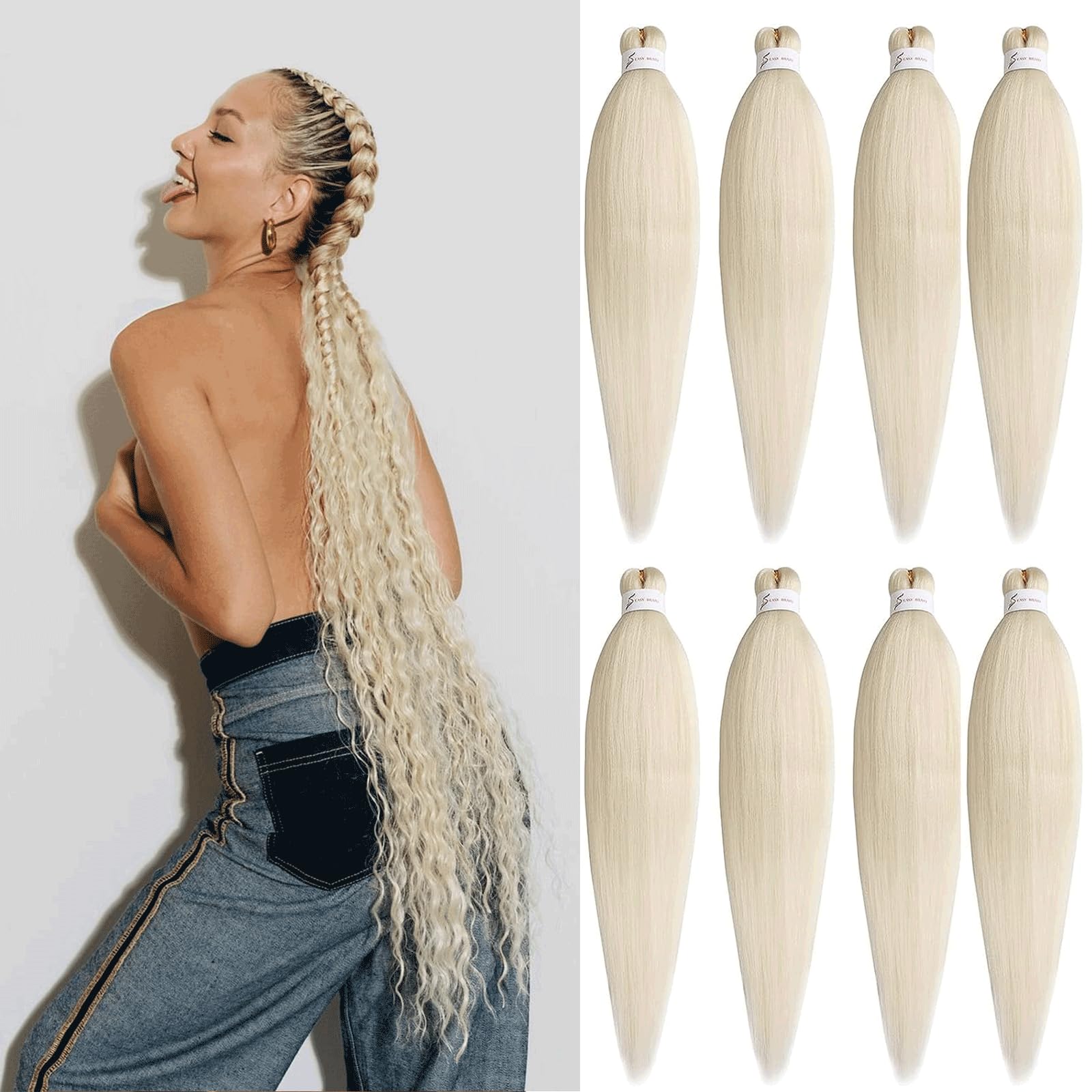 Xtrend 8 Packs Pre Stretched Braiding Hair Extensions Synthetic Yaki Texture No Itch Hot Water Setting Synthetic Braiding Hair Extensions #613# Blonde