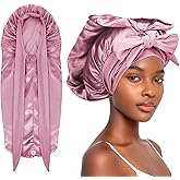 Abeillo Long Satin Bonnet for Women Sleeping, Silk Bonnet Large Hair Cap Silk Bonnets with Tie Band for Braids Curly Hair (Rose Pink)