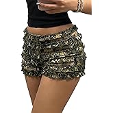 SHENHE Women's Y2K Camo Shorts Low Rise Ruffle Mini Micro Bloomers Shorts Club