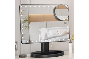 FUNTOUCH Large Lighted Makeup Mirror with Lights, Light Up Mirror with Small 10x Magnification for Desk, 360°Rotation Touch Screen,Brightness Adjustable Tabletop Cosmetic Vanity Make Up Mirror