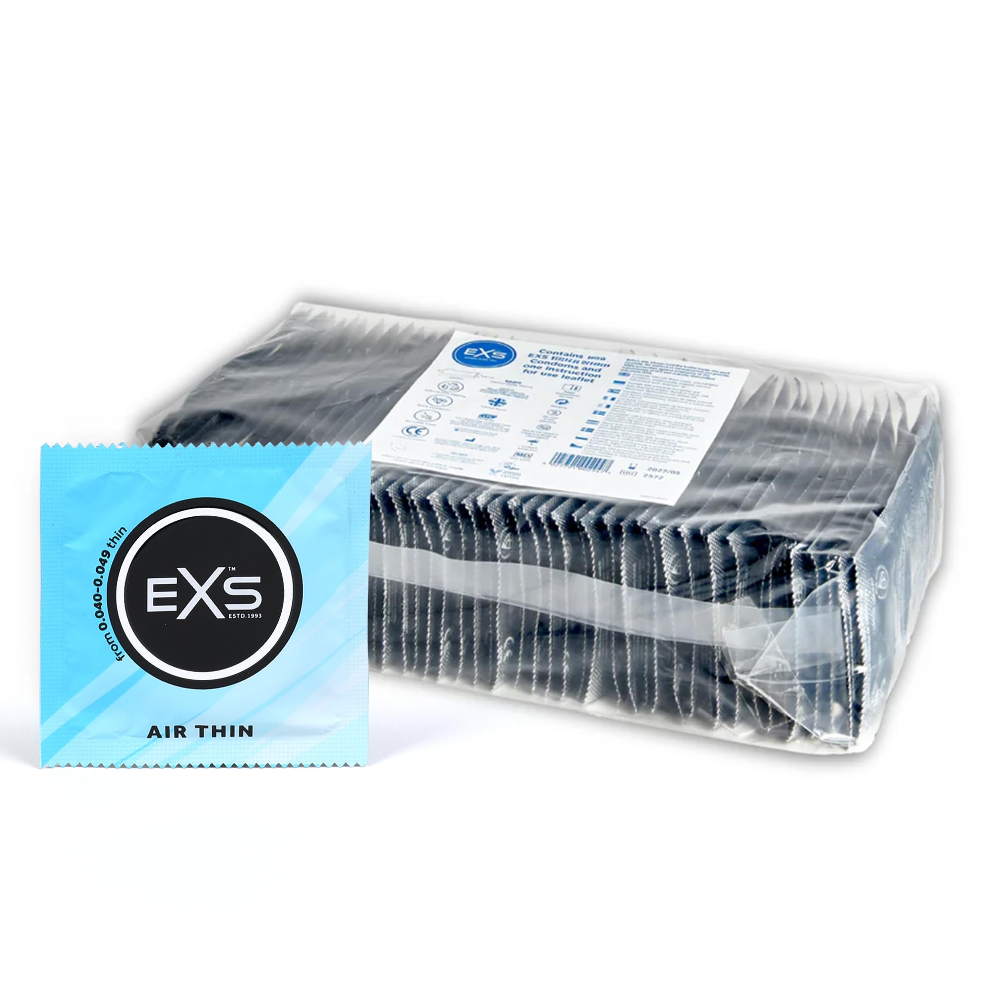 EXS Air Thin Condoms (100 Pack) Regular Fit, Premium Latex with Non-Spermicidal Lube, Flared with Teat, PETA-Approved Vegan Condom, 3 Year Expiry Life - CE Marked NHS Approved Male Condoms