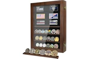 ASmileIndeep Military Challenge Coin Display Case Holder, Lockable Wooden Army Coins Display Box Cabinet with HD Tempered Glass, Coin Stand Rack with Removable Shelves and Wall Mounted, Walnut
