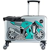 Younglingz LIL FLYER GO Version 2 Ride On Suitcase for Kids | Carry On Luggage with Toddler Seat, Foldable Handlebars, Pedals, and Removable Wheels | Holds up to 80 lbs | Green Motorcycle | Ages 2-6