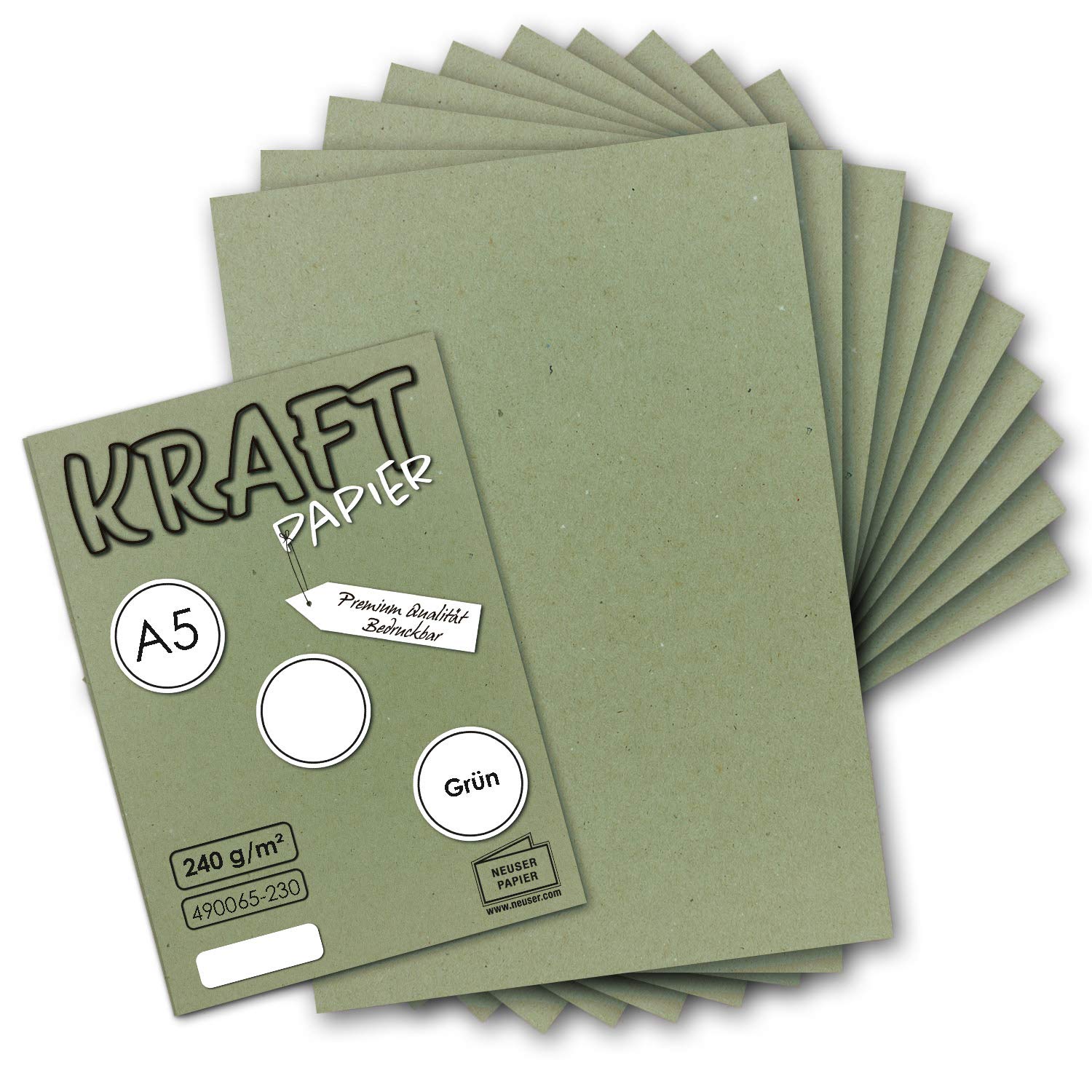 NEUSER PAPIER 100x Vintage Kraft Paper in Green - DIN A5-21 x 14.8 cm - Sustainable Natural Green Recycled Paper, Ecological Craft Cardboard Single Card -