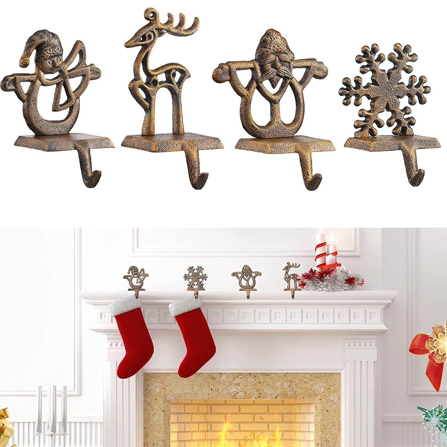 YWZHENYU 4 Pack Christmas Stocking Holder Durable Stocking Hanger Hooks for Mantel Fireplace Snowflake Stocking Hooks for Christmas Decor