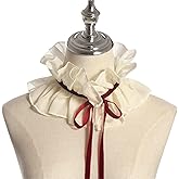 Vintage Chiffon Beige Ruffled Detachable Collar Red Ribbon Lace Up Costume Neck Collar Unisex