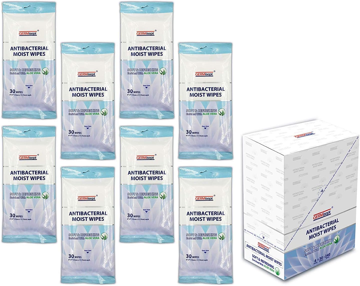 Germisept Antibacterial Hand Sanitizing Soft Moist Wipes With Clean Refreshing Aloe Vera, Portable, Convenient and Handy Travel Pack (8 Pack x 30 Count = 240 Wipes)