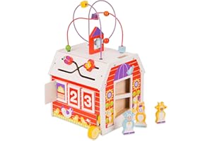 Melissa & Doug First Play Slide, Sort & Roll Wooden Activity Barn with Bead Maze, 6 Wooden Play Pieces