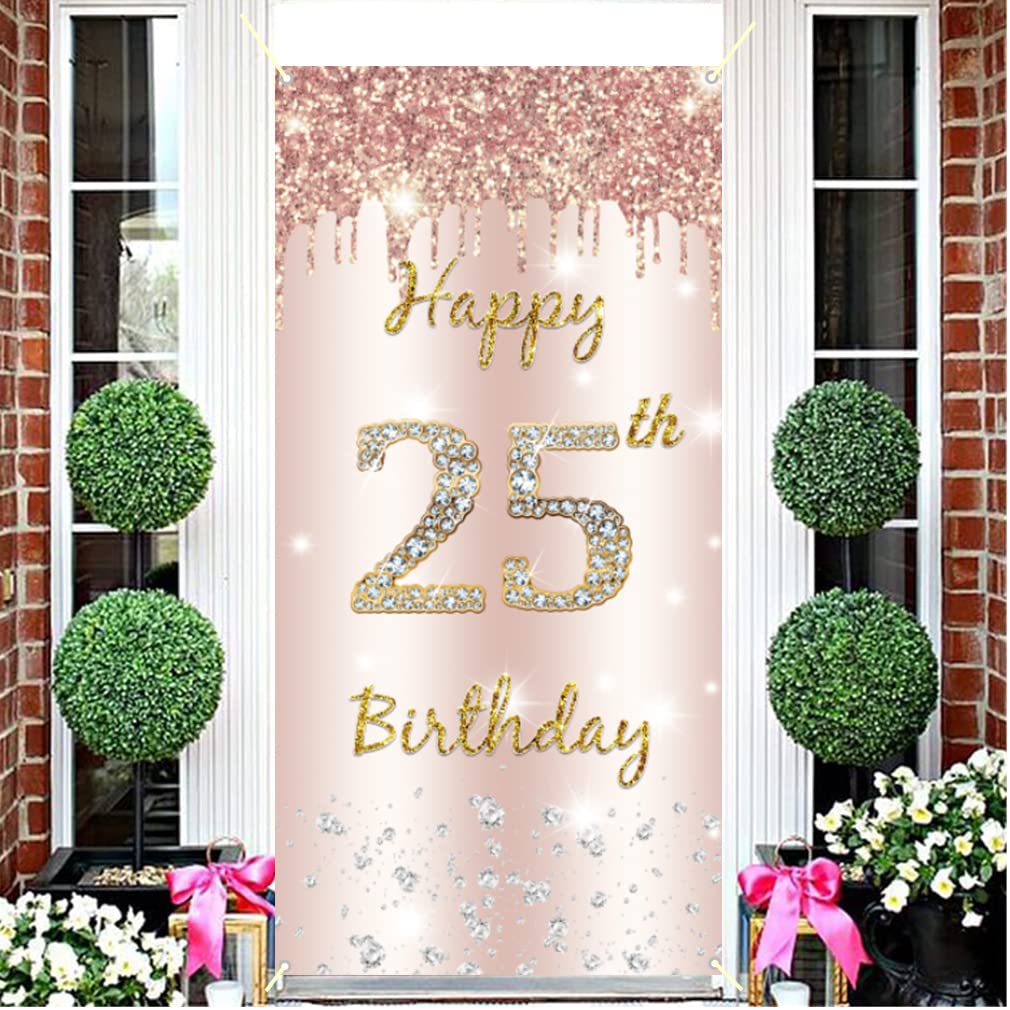 25th Birthday Decorations for Women, Happy 25th Birthday Photo Background Banner Rosegold Fabric Sign Poster Door Banner Party Welcome Sign, 180cm x90cm