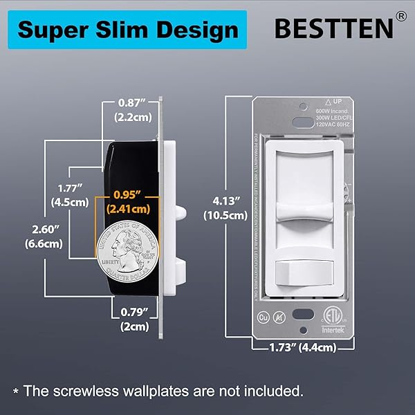BESTTEN 6 PACK SUPER SLIM DIMMER SWITCH, SINGLE POLE OR 3-WAY, DIMMABLE LIGHT SWITCH FOR LED, CFL, HALOGEN AND INCANDESCENT BULBS, ETL LISTED, WHITE