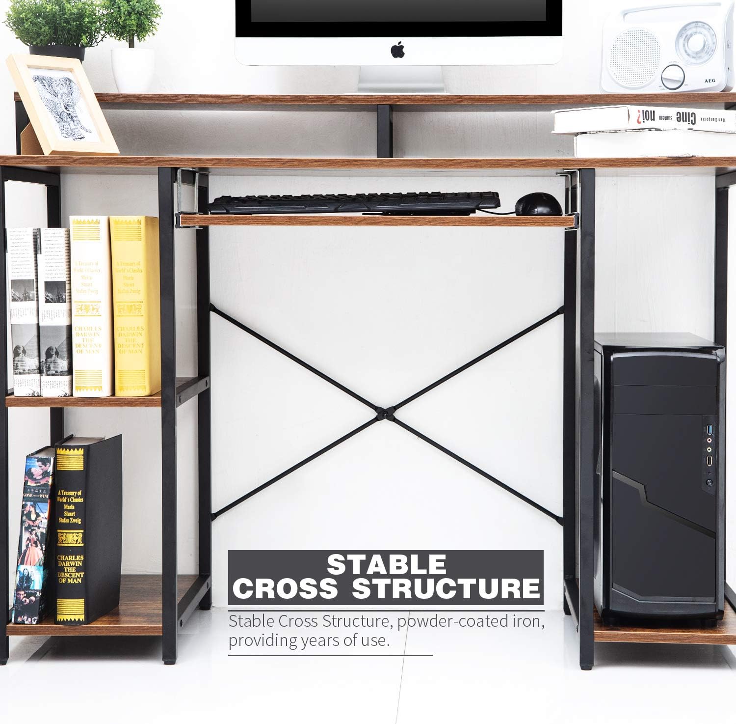 TOPSKY Computer Desk with Storage Shelves/Keyboard Tray/Monitor Stand Study Table for Home Office (Industrial/Rustic Brown): Furniture & Decor