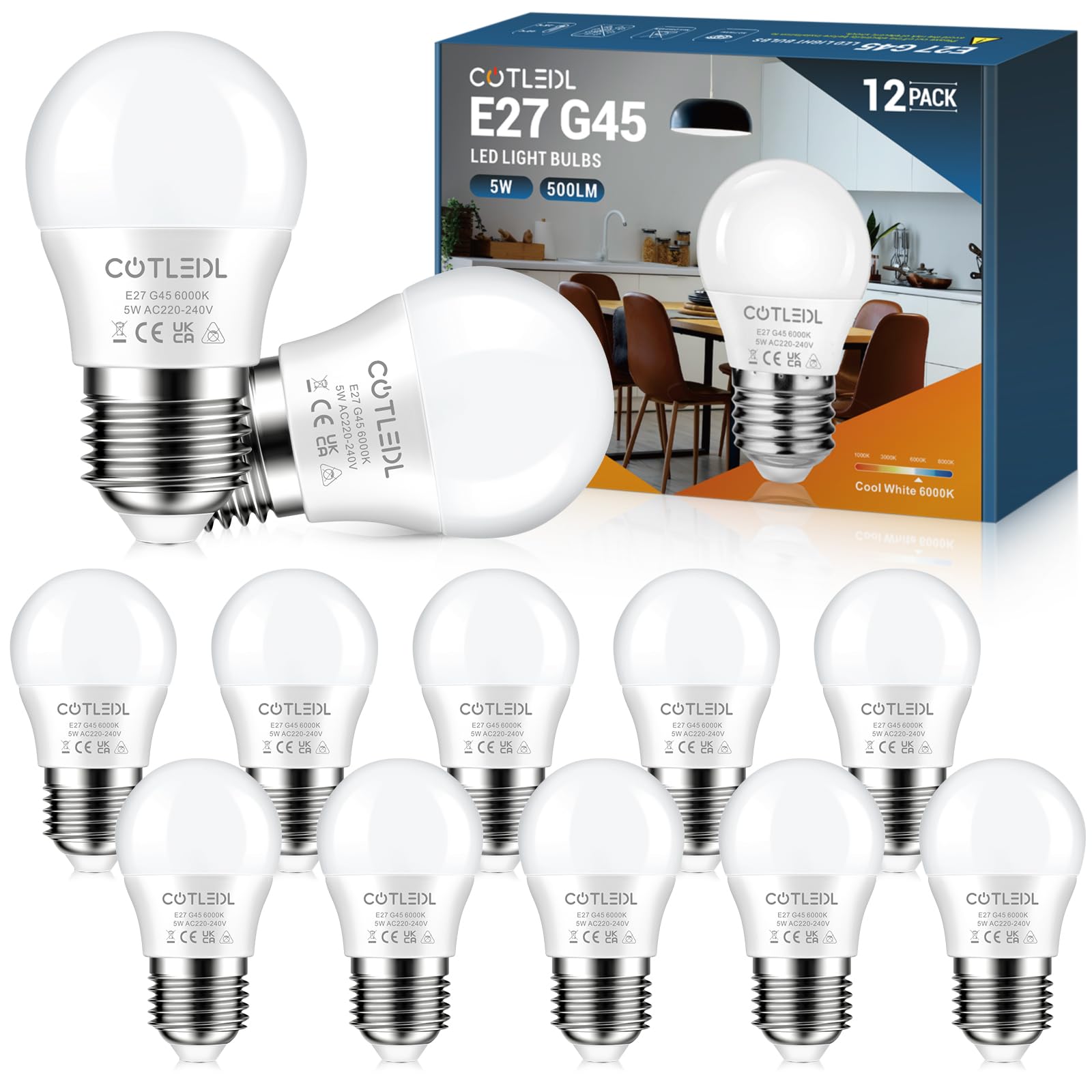 COTLEDL E27 LED Bulbs 5W Edison Screw (ES) Bulb Equivalent 40W Incandescent, Cool White 6000K Energy Saving 500LM, G45 Golf Ball Light Bulb, Not Dimmable No Flicker Lamps, 12 Pack