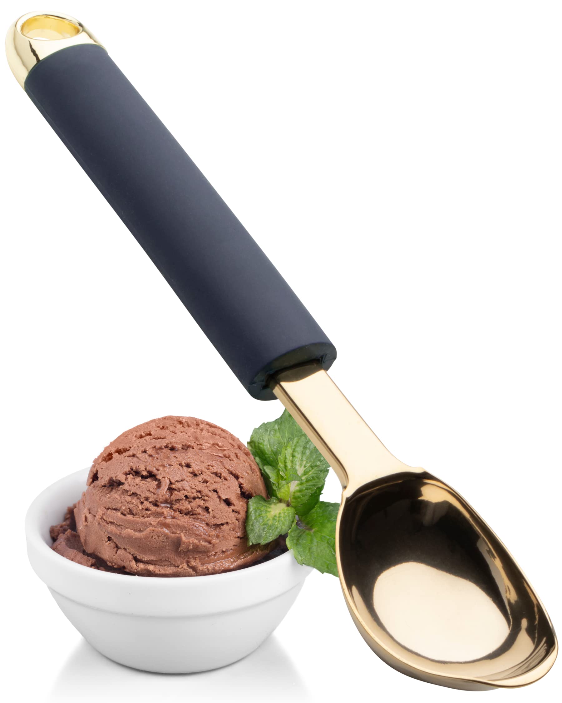 Stainless Steel Ice Cream Scoop - Sturdy Head Scooper & Comfortable Soft Grip Handle. Perfect Dessert Spoon for Ice Cream, Cookie Dough & Other Frozen Treats. 5 Year Guarantee, Blue and Gold