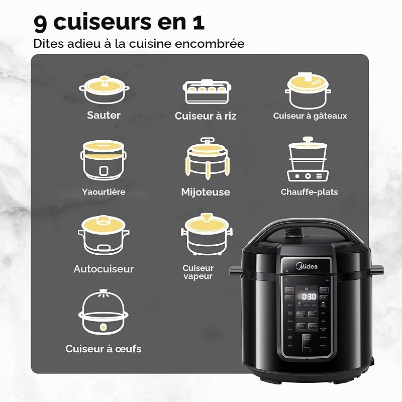 Autocuiseur Électrique Rapide 9-en-1, 12 Programmes Prédéfinis, Multicuiseur Inox Instantané, Pot Antiadhésif, Yaourtière, Cuiseur de Riz, Cuisson Lente, Sauté, Vapeur, 6L, Noir