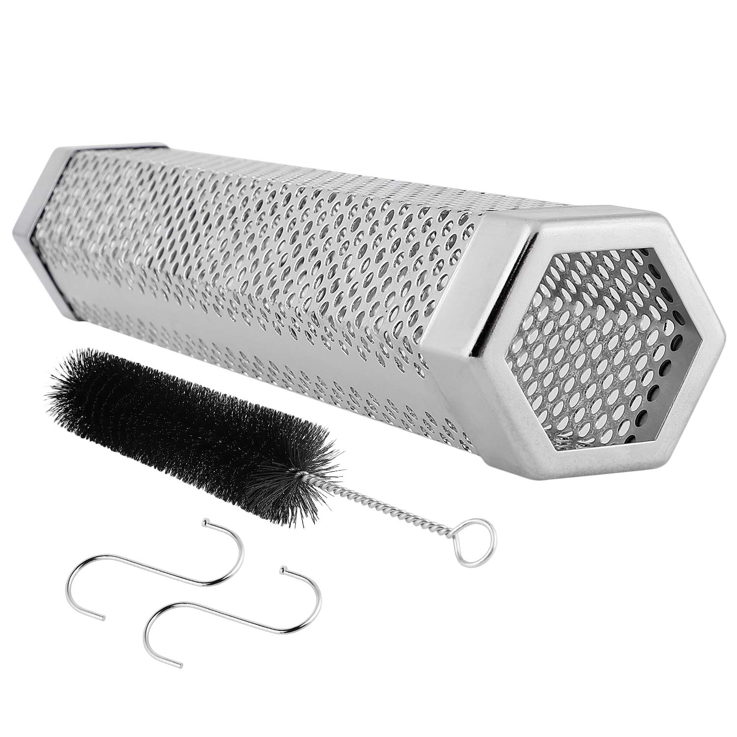 Pellet Smoker Tube,12"Stainless Steel BBQ Wood Pellet Tube Smoker for Cold/Hot Smoking,5 Hours of Billowing Smoke-for Any Grill or Smoker.Hexagon , Accessories -2 S Shape Hooks,1 Cleaning Brush.