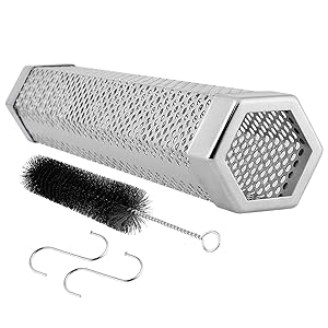 Pellet Smoker Tube,12"Stainless Steel BBQ Wood Pellet Tube Smoker for Cold/Hot Smoking,5 Hours of Billowing Smoke-for Any Grill or Smoker.Hexagon , Accessories -2 S Shape Hooks,1 Cleaning Brush.