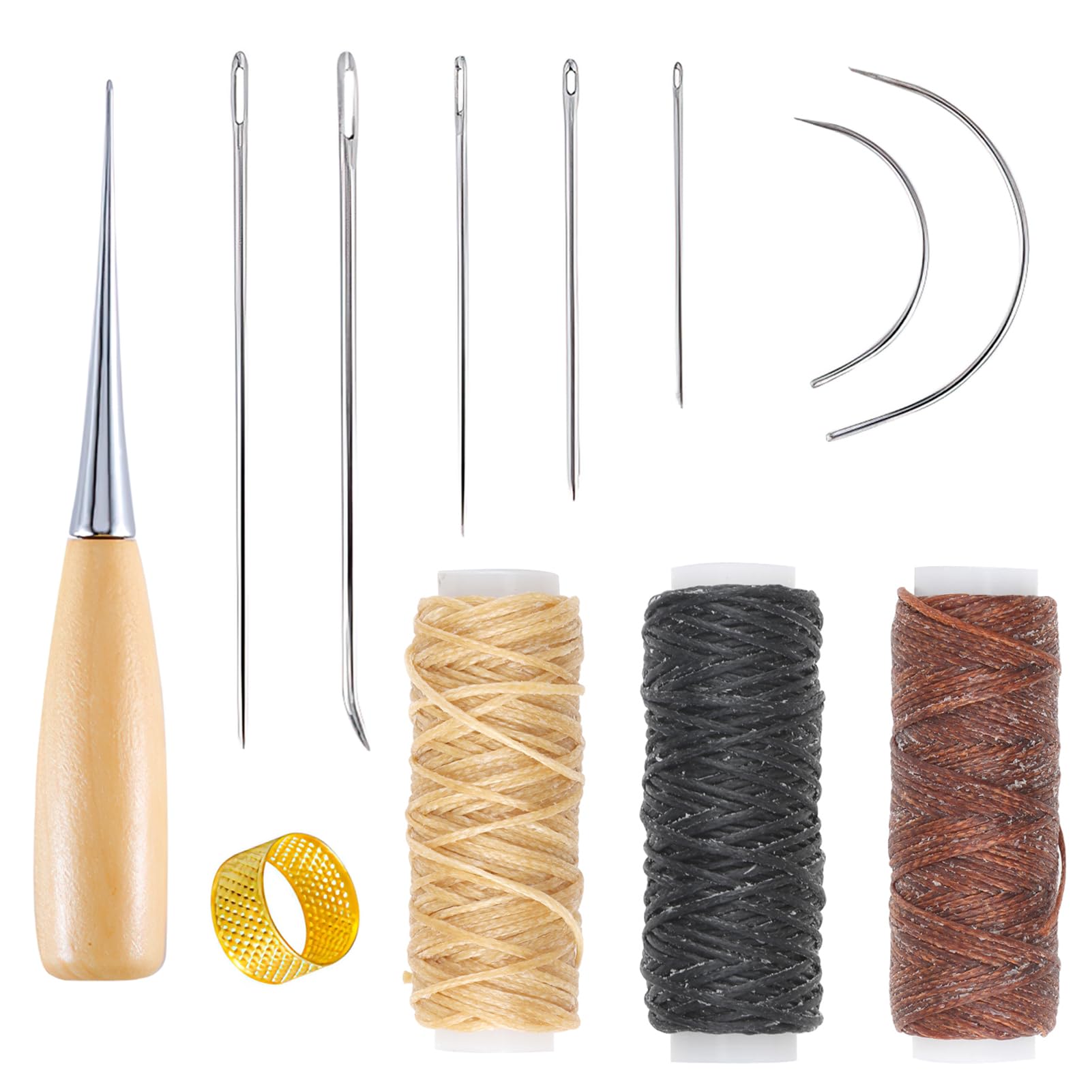 Leather Needles for Hand Sewing, 12pcs Curved Needles Kit for Upholstery Repair, Waxed Thread 12m Cord, Drilling Awl for Fabric DIY Crafts