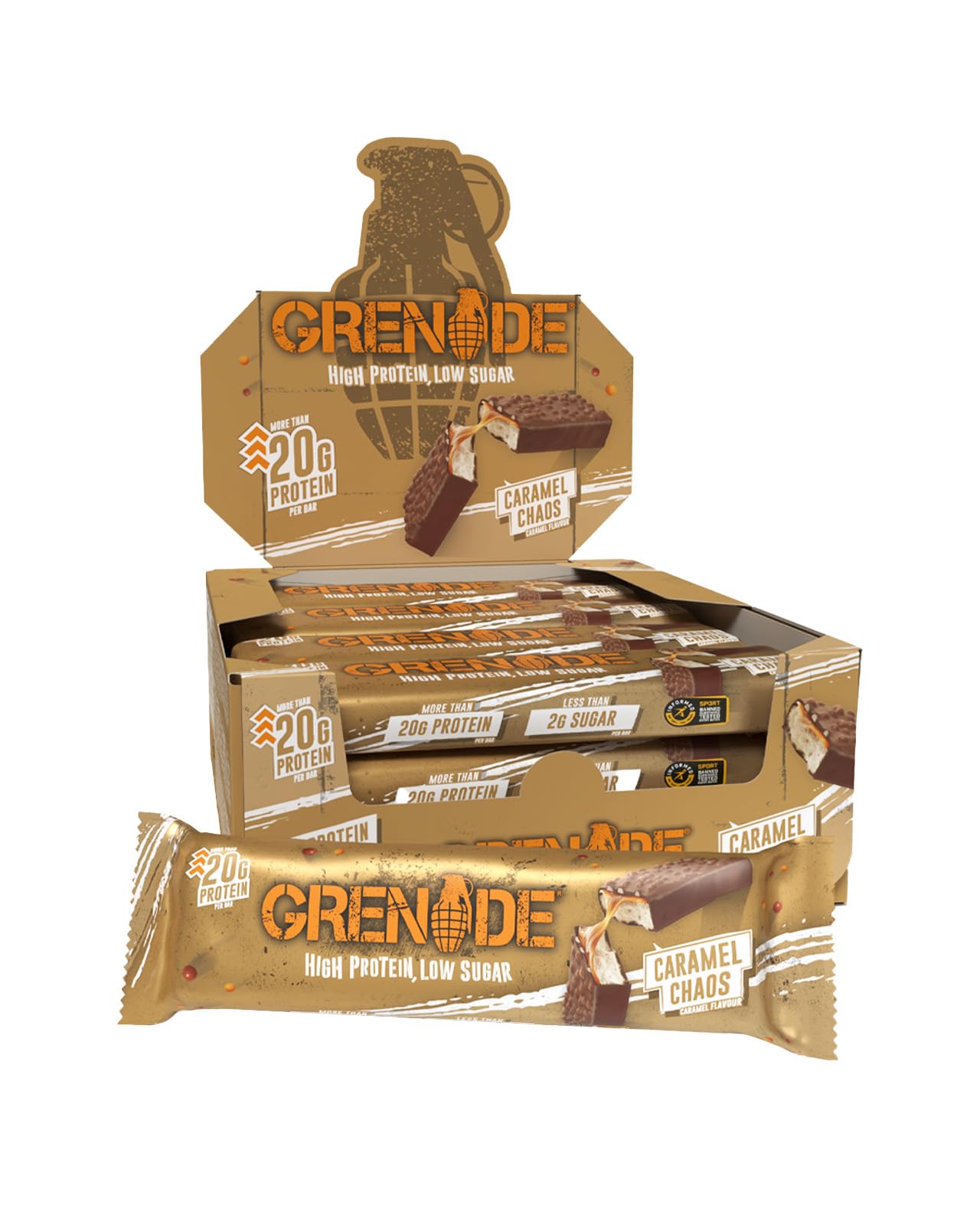 Grenade High Protein, Low Sugar Bar - Caramel Chaos, 12 x 60 g (Packaging May Vary)