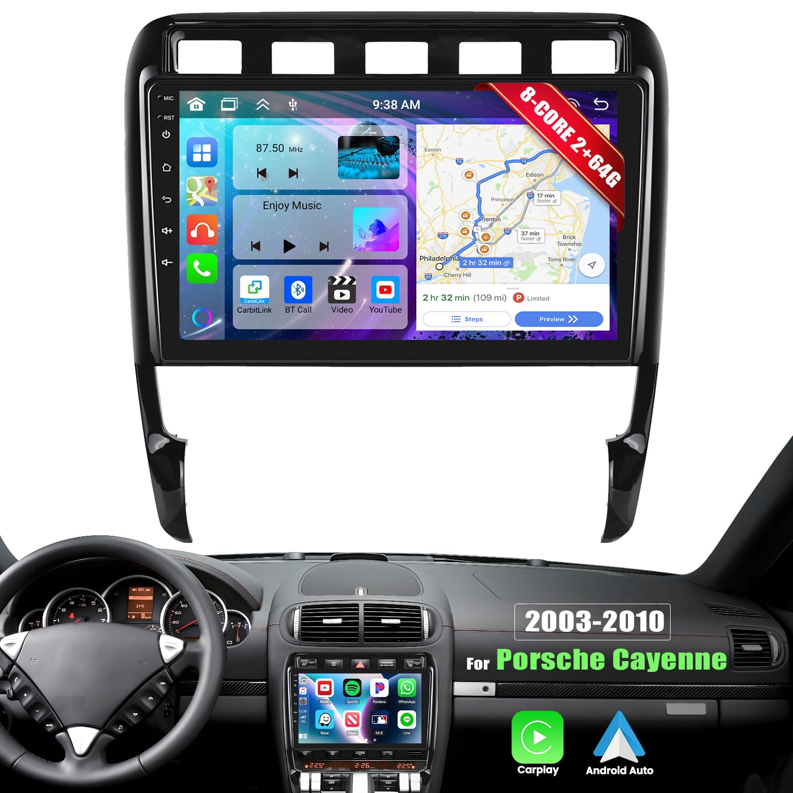 Photo 1 of [2G+64G]Android 13 Car Stereo for Porsche Cayenne 2003-2010 with Wireless Apple Carplay Android Auto,9'' HD Touchscreen Car Radio with Mirror link WiFi GPS Navigation Bluetooth FM/RDS SWC+Rear Camera