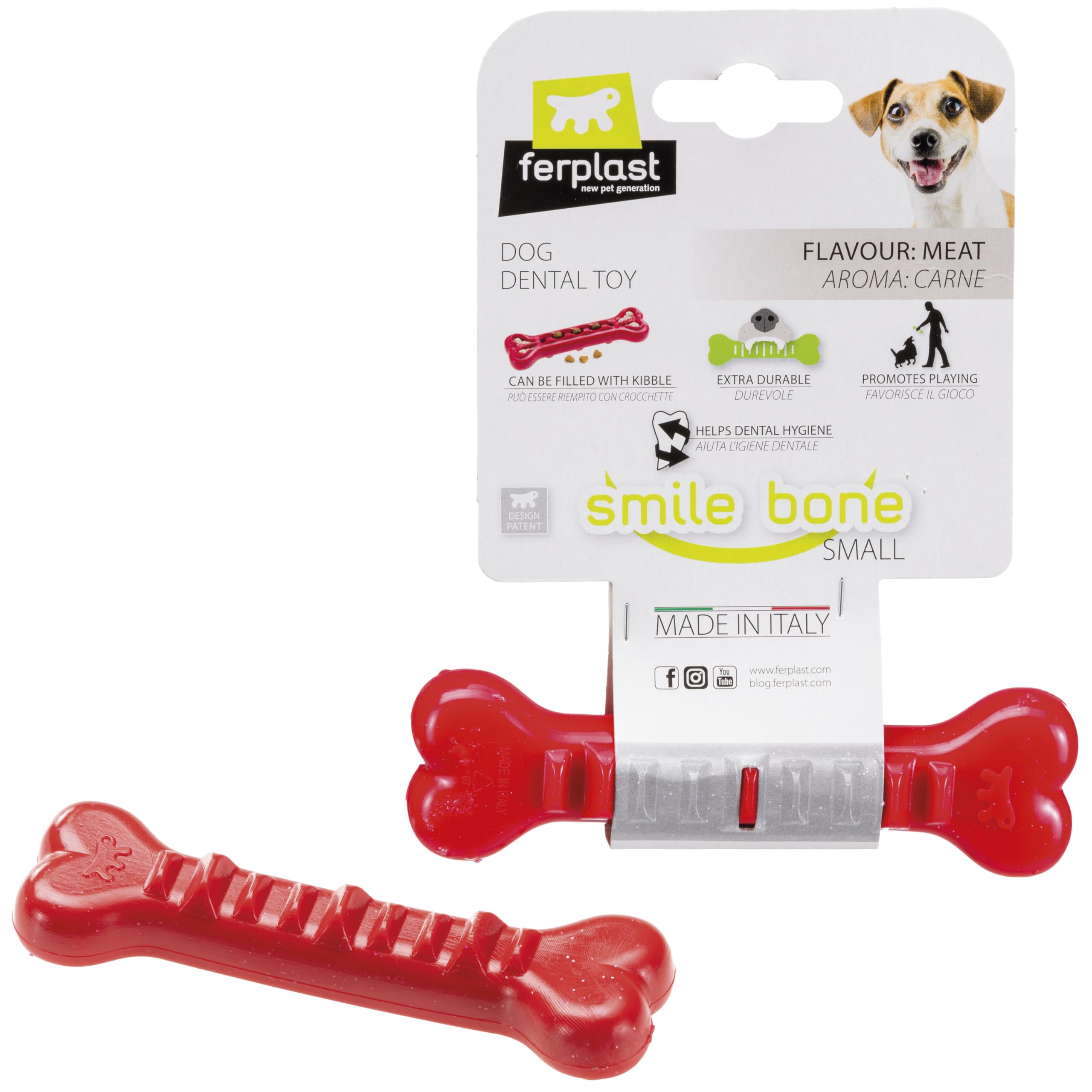 Ferplast Dog Toy, Dog Treat Dispenser Bone, Chew Toy, Made of Durable Material, Meat Flavoured, for Dog Dental Hygiene, SMILE Dog Bone, Small Dog Toys, Red