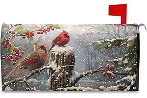 Wamika Winter Cardinal Birds Mailbox Cover Holly Berry Branches Snow Mailbox Covers Magnetic Mailbox Wraps Post Letter Box Cover Garden Home Christmas Decorations Standard Size 18" X 21"