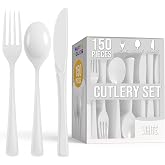Party Solids White Plastic Silverware, 150-Piece Heavy Duty Cutlery Set | White Silverware Set With Plastic Forks, Spoons &amp; Knives Plastic Utensils &amp; Flatware Set for Parties &amp; Party Supplies